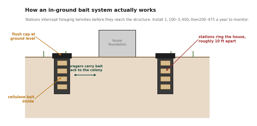 Cross-section of an in-ground termite bait station ringing a house foundation
